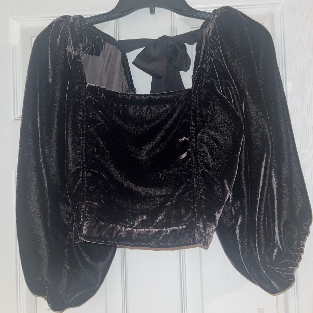 Free People Velvet Bell Sleeve Crop Blouse with Bow Tie